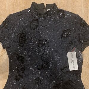Papell Boutique grayish Black Beaded Swirl Top. NWT